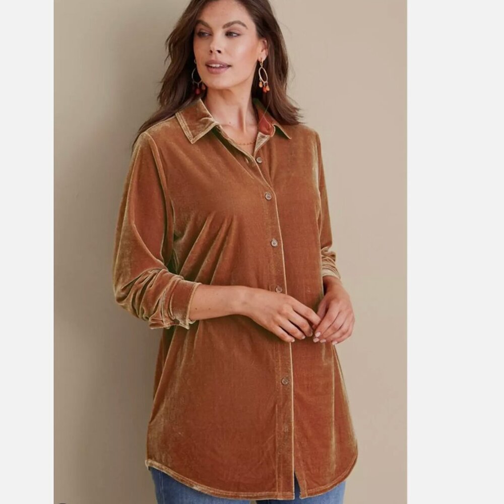 NWT Soft Surroundings Dark Copper Velvet Boyfriend Tunic Shirt Top Size PXS